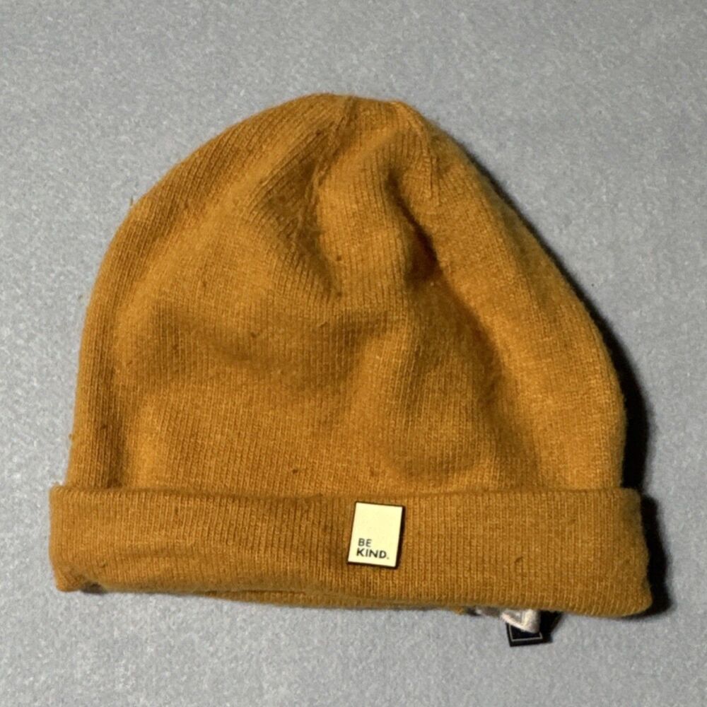 LOOK Cashmere Mustard Yellow Be Kind Knit Beanie Hat Logo Unisex Adults